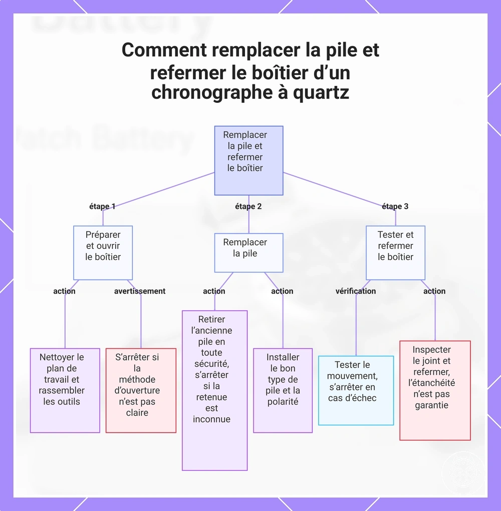 Comment remplacer la pile et refermer le boîtier d’un chronographe à quartz