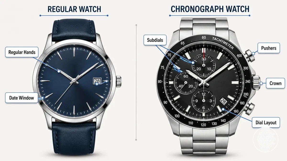 Cadran de montre annoté comparant les sous-cadrans et poussoirs du chronographe avec les aiguilles et le guichet de date d une montre classique