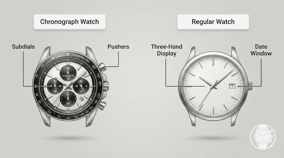 Montre chronographe et montre classique annotées montrant les sous-cadrans, poussoirs, aiguilles et affichage de date