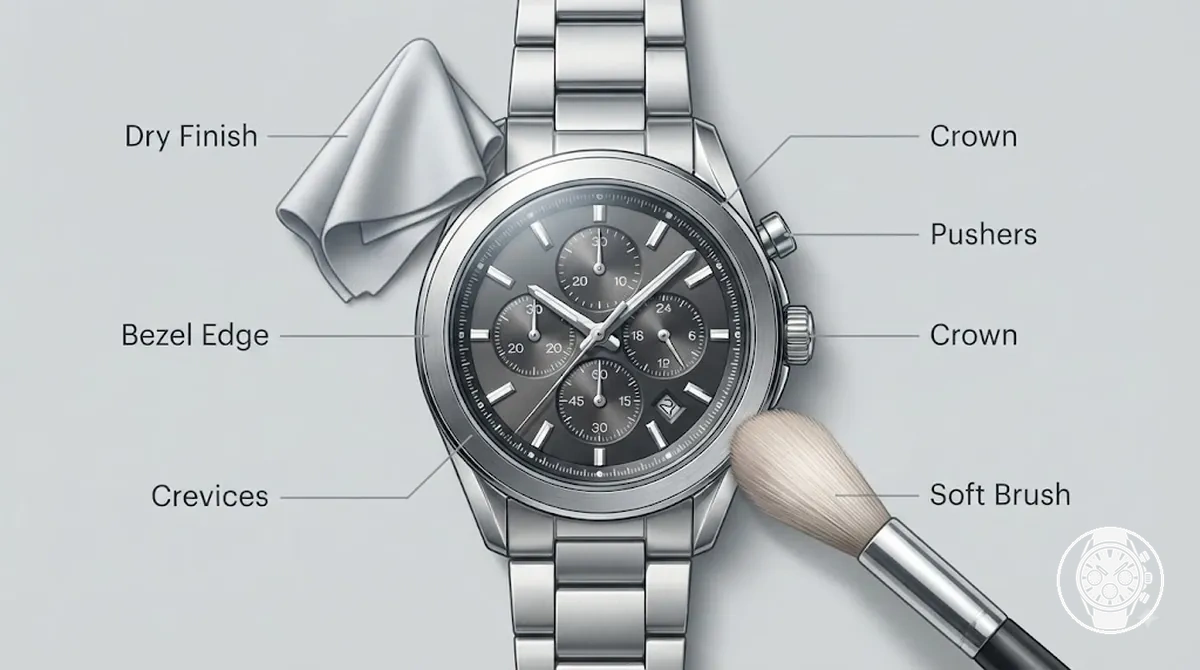 Interstices de la couronne, des poussoirs et de la lunette d une montre chronographe à quartz pour homme montrés pour un nettoyage doux