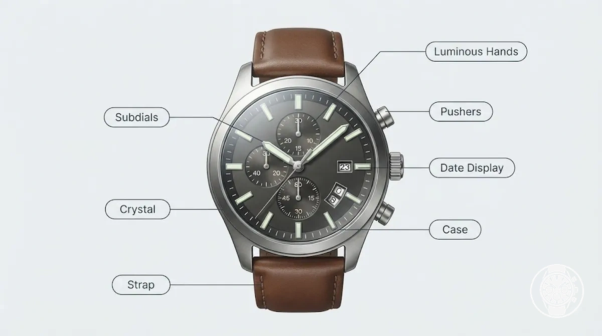 Fonctions et affichage du chronographe à quartz pour homme avec commandes légendées