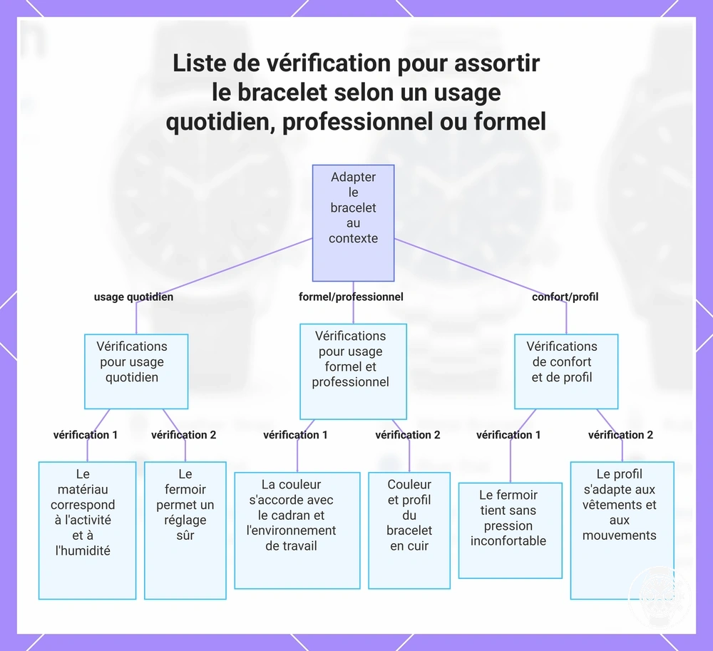 Liste de vérification pour assortir le bracelet selon un usage quotidien, professionnel ou formel