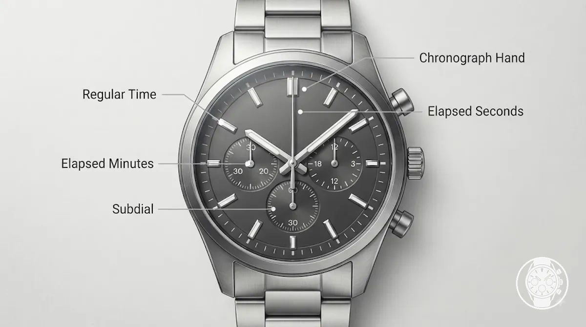 Cadran analogique de chronographe à quartz montrant les affichages séparés de l heure normale et du temps écoulé