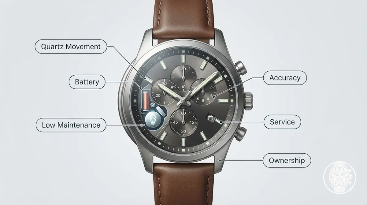 Montre chronographe à quartz pour homme illustrant le concept de mouvement à quartz alimenté par pile et les attentes du propriétaire