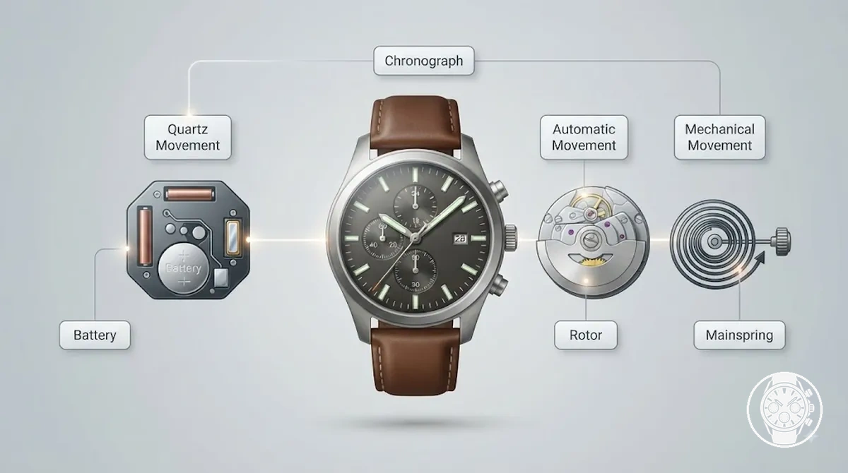 Types de mouvements chronographes à quartz, automatiques et mécaniques présentés en contexte