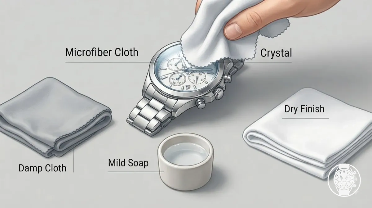 Chiffon doux nettoyant le verre et le boîtier d une montre chronographe à quartz pour homme