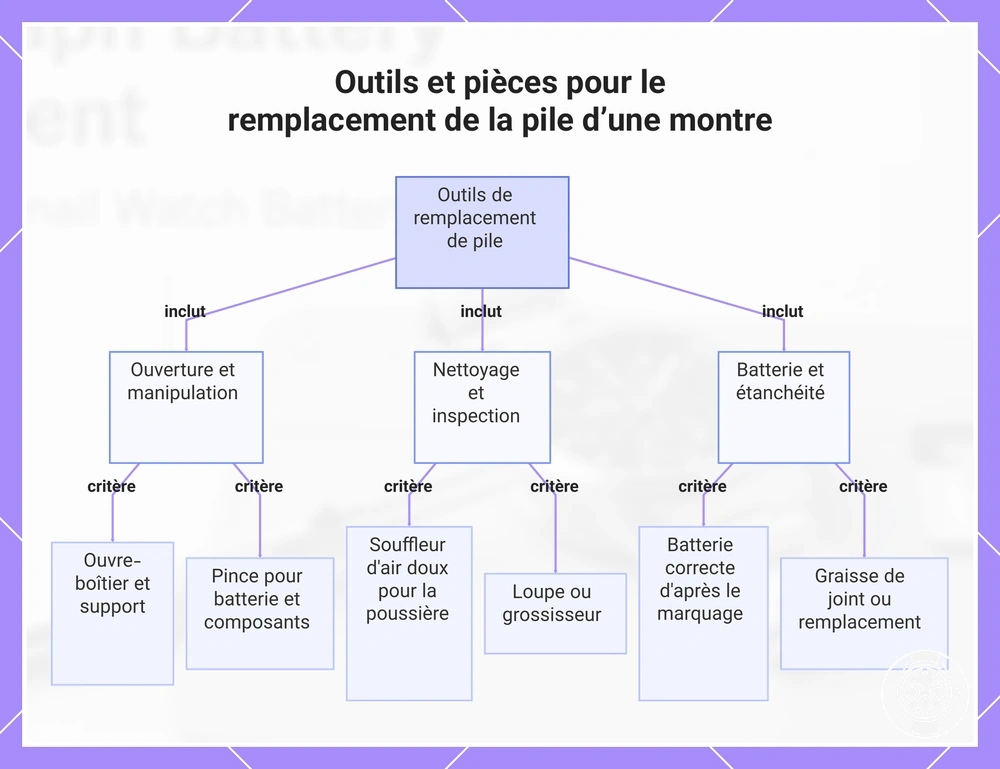 Outils et pièces pour le remplacement de la pile d’une montre