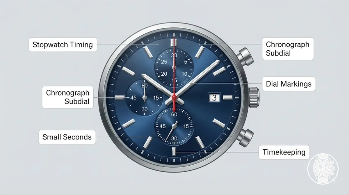 Cadrans auxiliaires de montre chronographe à quartz pour homme annotés montrant les rôles des petites secondes et du compteur du chronographe