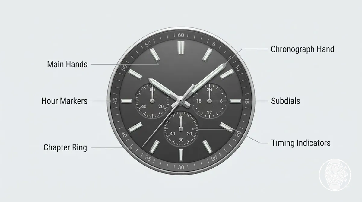 Cadran de montre chronographe à quartz pour homme avec aiguilles principales, index, sous-cadrans et indicateurs de chronométrage étiquetés.