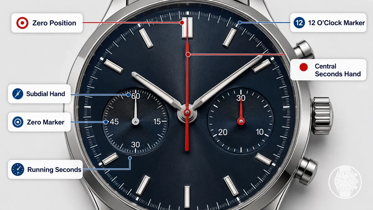 Cadran de chronographe à quartz pour homme annoté montrant la position zéro et les repères d’alignement à 12 heures