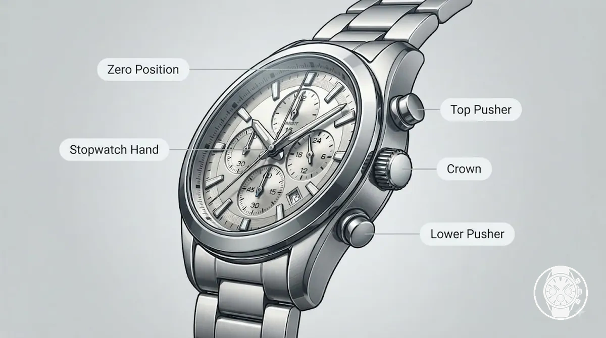 Gros plan d’une montre chronographe à quartz pour homme montrant les poussoirs latéraux, la couronne, l’aiguille centrale du chronomètre et la position de remise à zéro