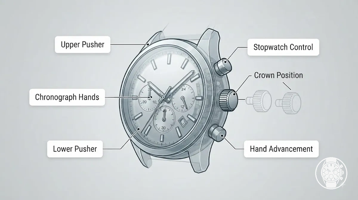 Poussoirs supérieur et inférieur sur une montre chronographe à quartz pour homme pendant le réglage