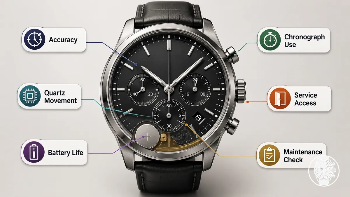 Diagramme de montre chronographe a quartz montrant la precision du mouvement l utilisation du chronographe et l attente concernant la pile