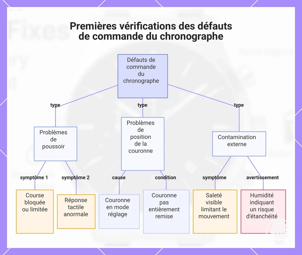 Premières vérifications des défauts de commande du chronographe