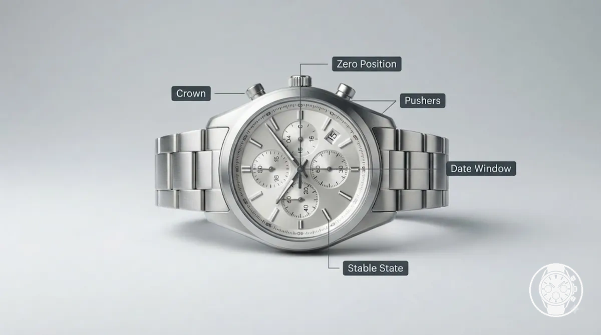 Montre chronographe à quartz pour homme préparée avant de modifier les réglages de l heure et de la date