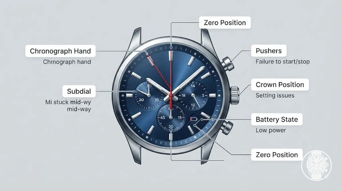 Montre chronographe à quartz pour homme annotée avec les zones de symptômes courantes, comprenant les aiguilles, les cadrans auxiliaires, les poussoirs, la couronne et les défauts liés à la pile