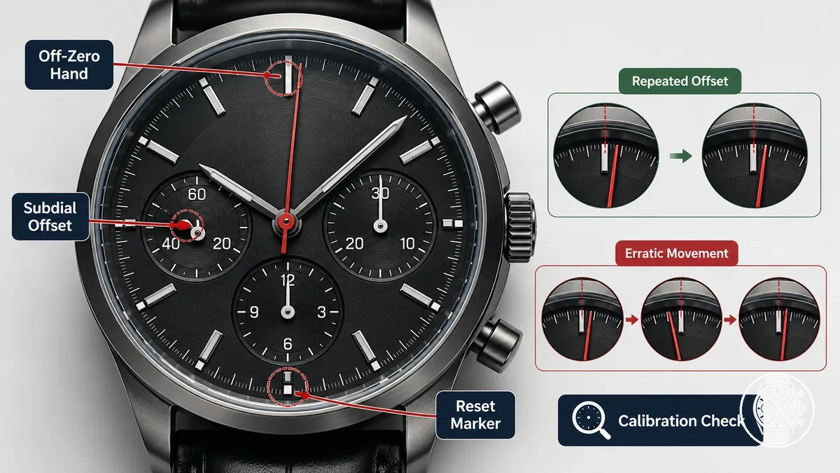 Cadran de chronographe à quartz pour homme annoté montrant des symptômes de désalignement d’aiguilles pouvant nécessiter un calibrage