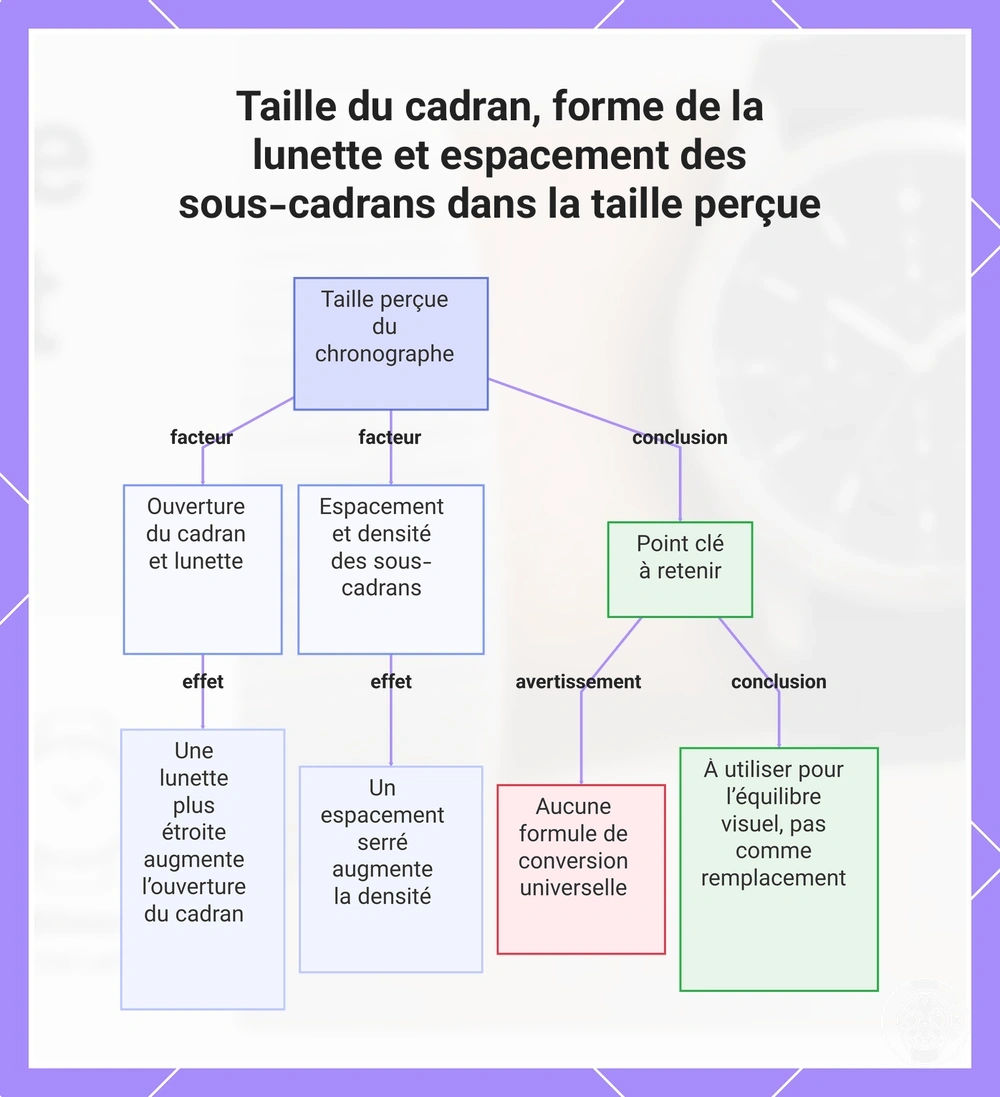 Taille du cadran, forme de la lunette et espacement des sous-cadrans dans la taille perçue