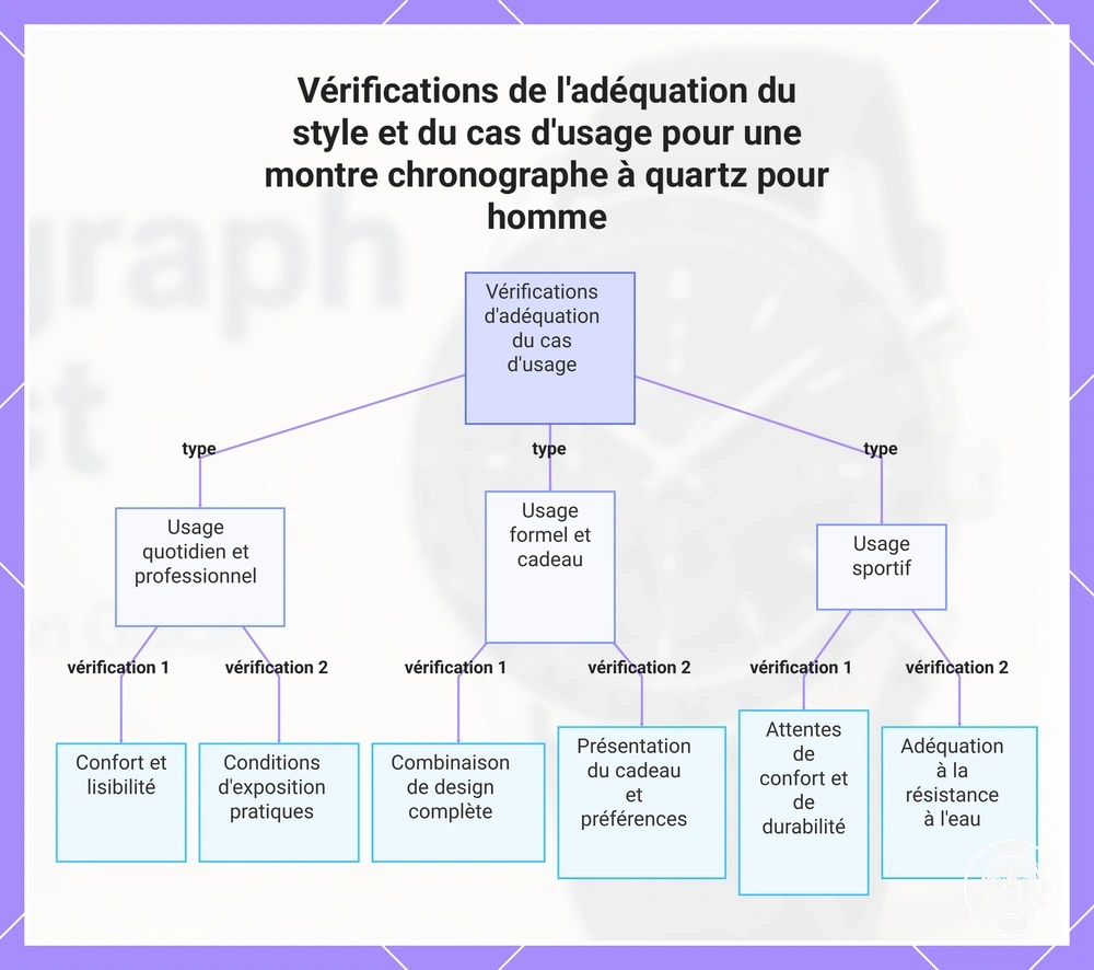 Vérifications de l'adéquation du style et du cas d'usage pour une montre chronographe à quartz pour homme