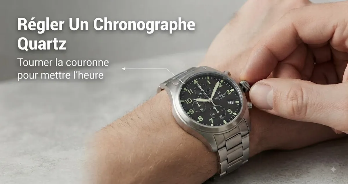 Mains réglant la couronne d’une montre chronographe à quartz pour homme pour mettre l’heure