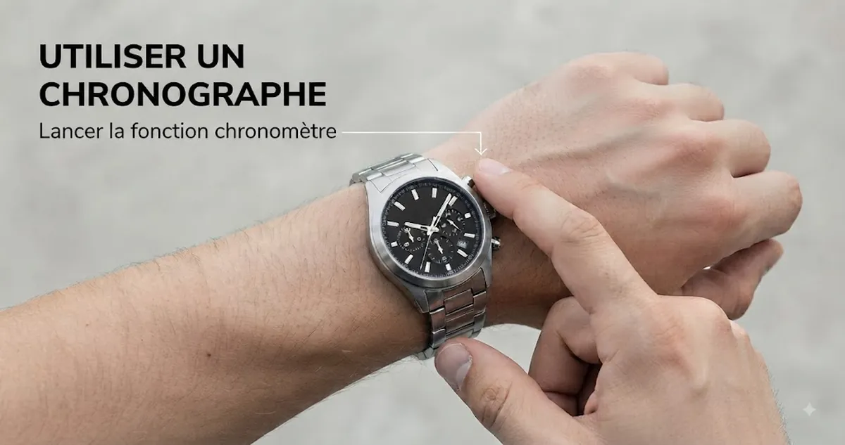 Personne appuyant sur le poussoir d’une montre chronographe à quartz pour homme pour lancer la fonction chronomètre