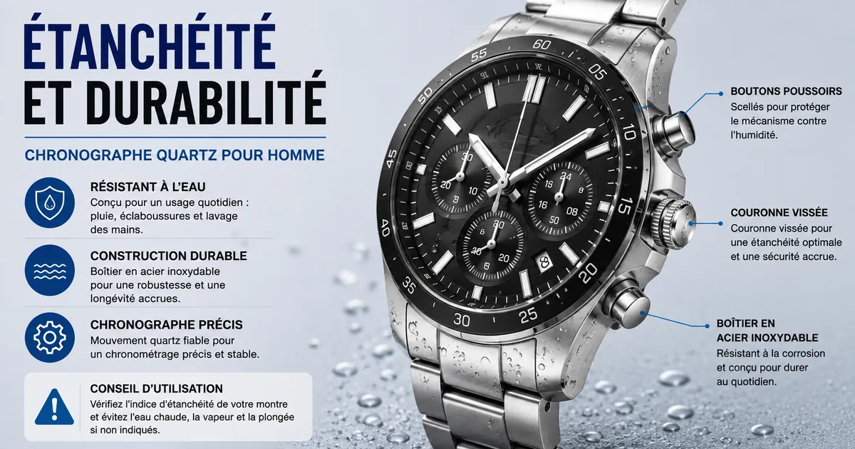Montre chronographe à quartz pour homme résistante à l’eau avec boîtier en acier inoxydable et couronne étanche
