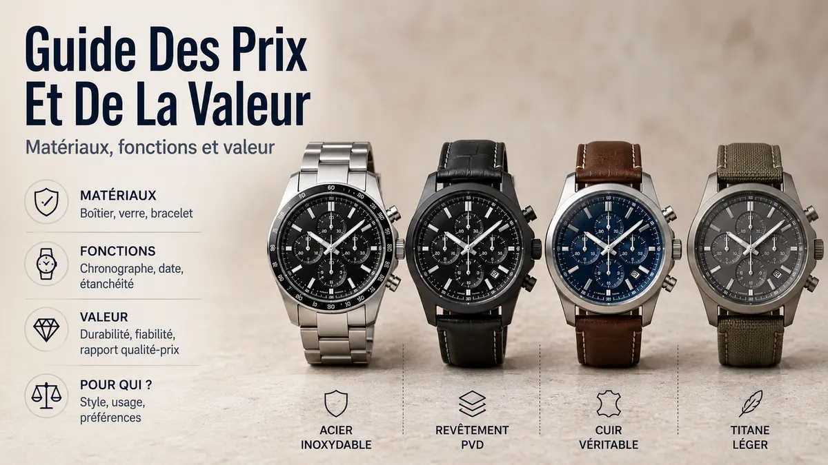 Montres chronographes à quartz pour homme disposées pour comparer les matériaux, les fonctions et la valeur