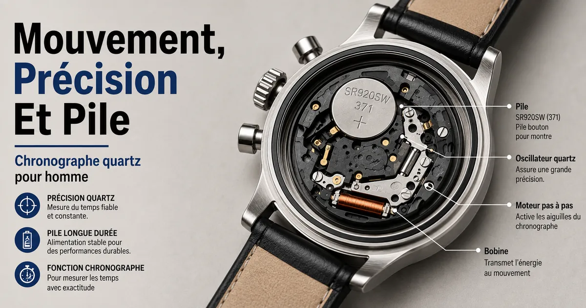 Montre chronographe à quartz pour homme avec fond ouvert et mouvement alimenté par pile