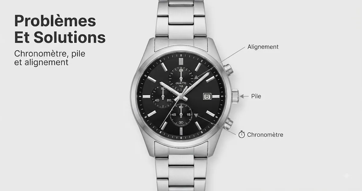Montre chronographe à quartz pour homme vérifiée pour des problèmes de chronomètre, de pile et d’alignement des aiguilles