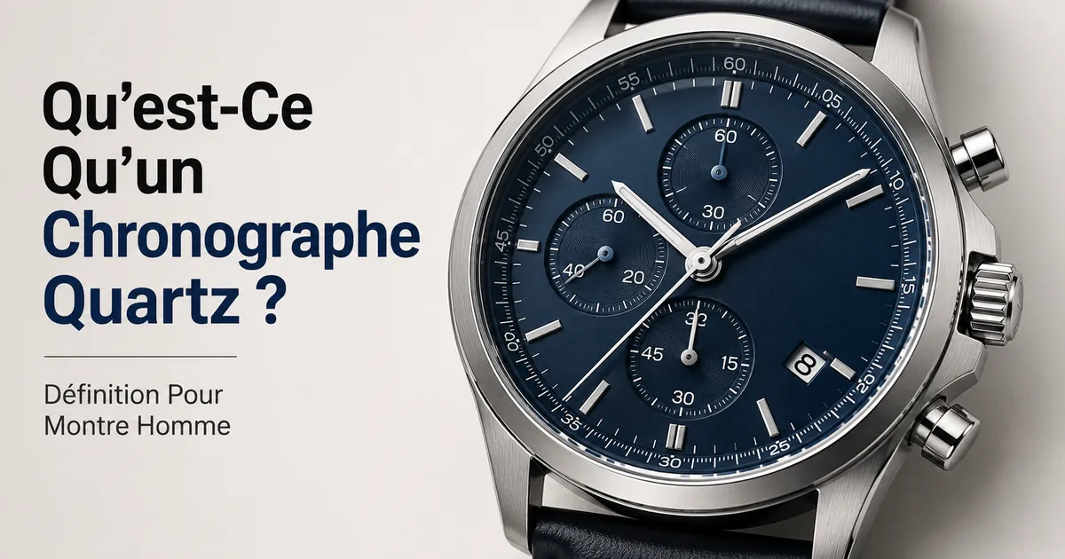 Gros plan du cadran d’une montre chronographe à quartz pour homme avec compteurs et poussoirs visibles
