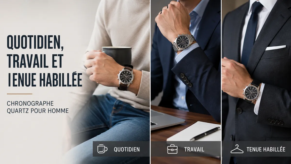 Montres chronographes à quartz pour homme portées avec des tenues du quotidien, de bureau et habillées