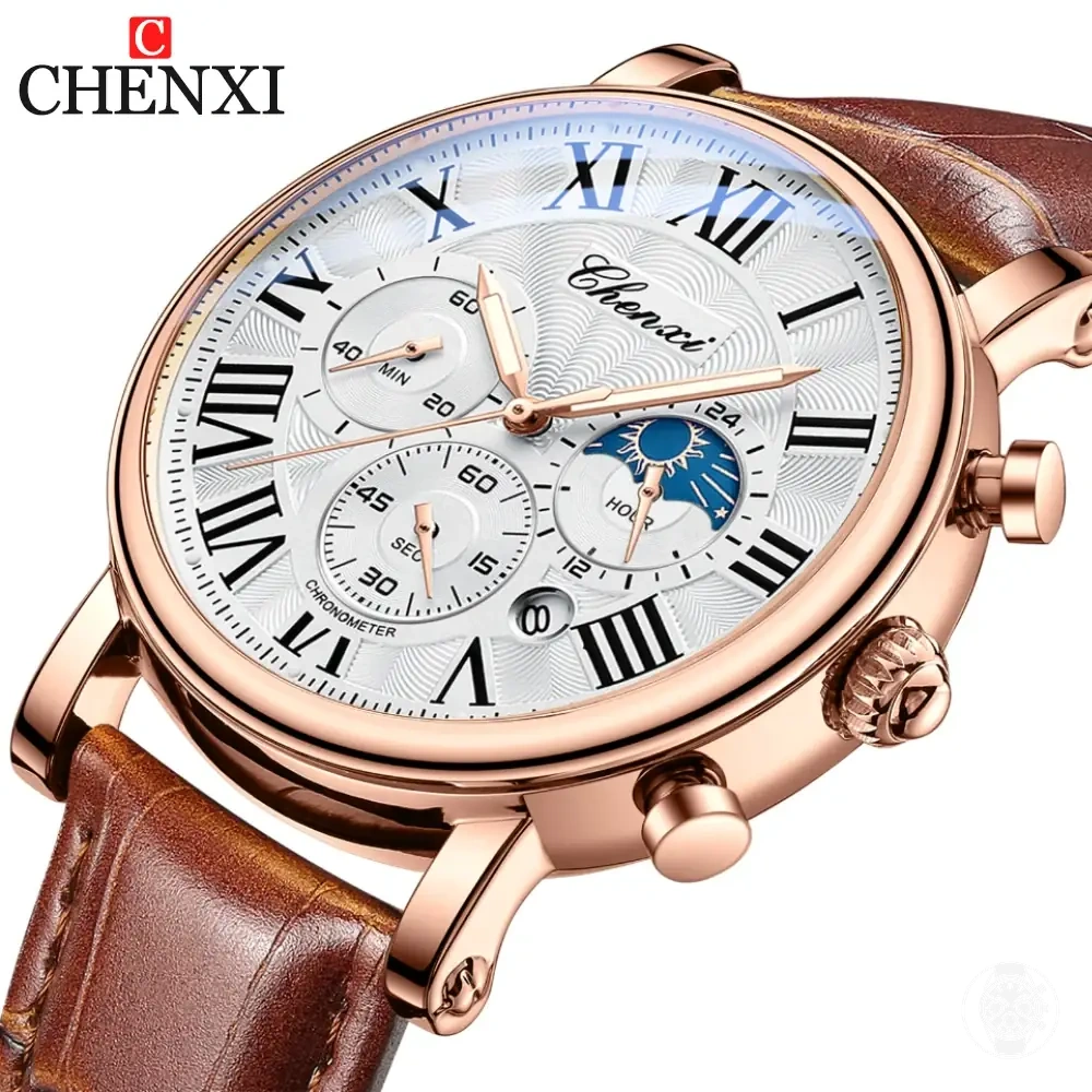 Relógio cronógrafo quartz masculino com pulseira de couro, data automática e design à prova d’água