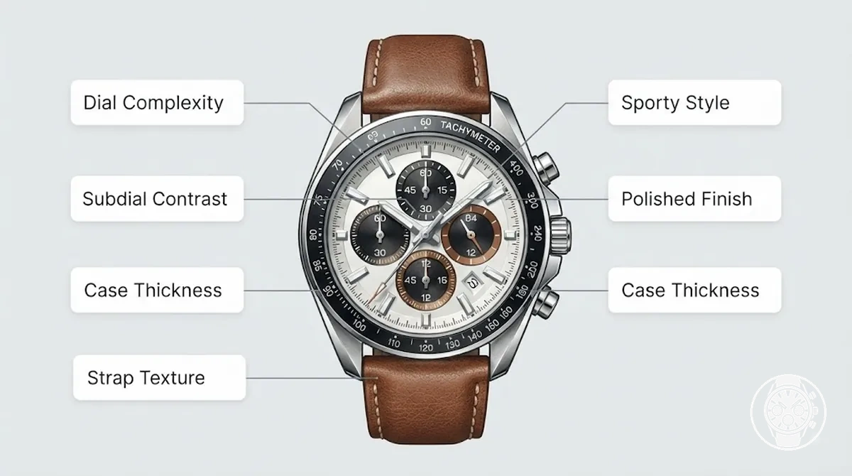 Relógio cronógrafo masculino anotado mostrando mostrador, pulseira, caixa e sinais de estilo de acabamento