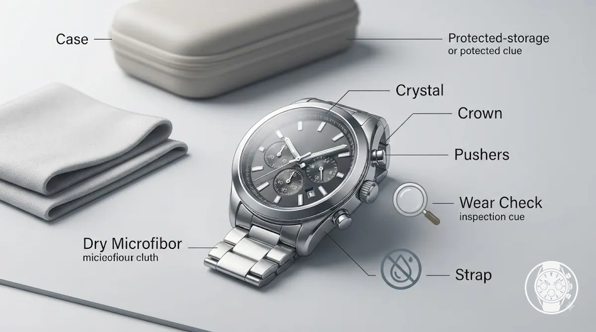 Relógio cronógrafo de quartzo masculino com estojo, vidro, coroa, pushers e pulseira identificados para manutenção