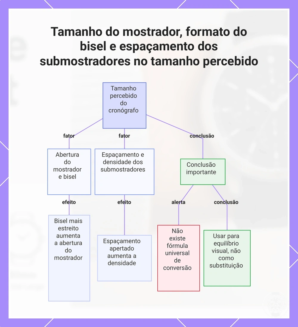 Tamanho do mostrador, formato do bisel e espaçamento dos submostradores no tamanho percebido