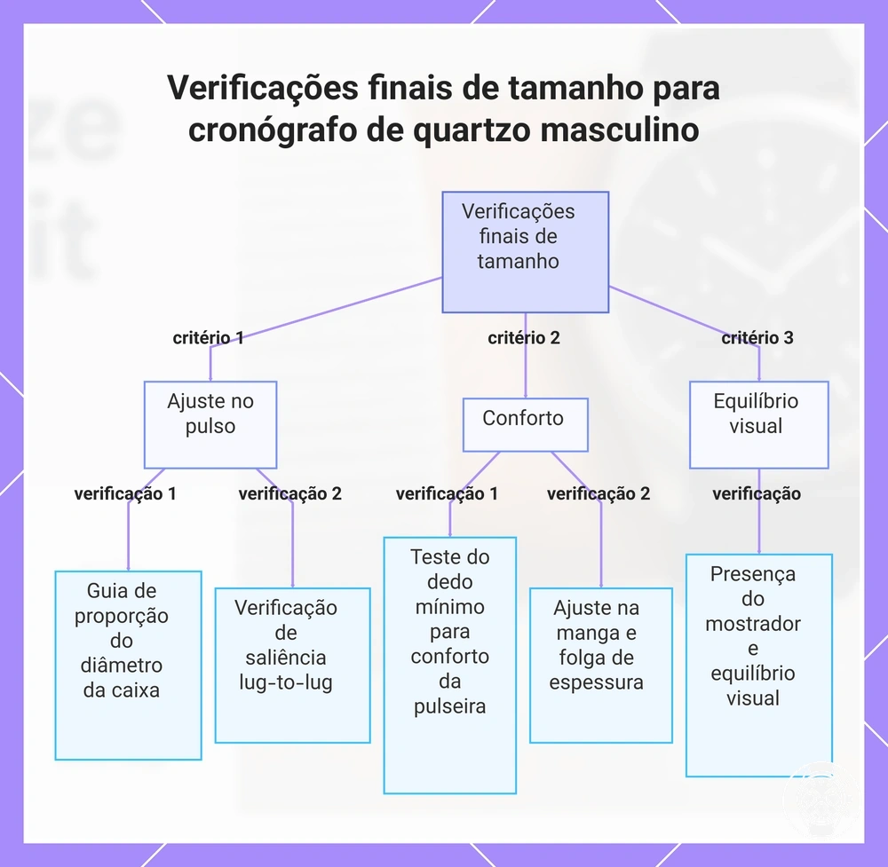 Verificações finais de tamanho para cronógrafo de quartzo masculino