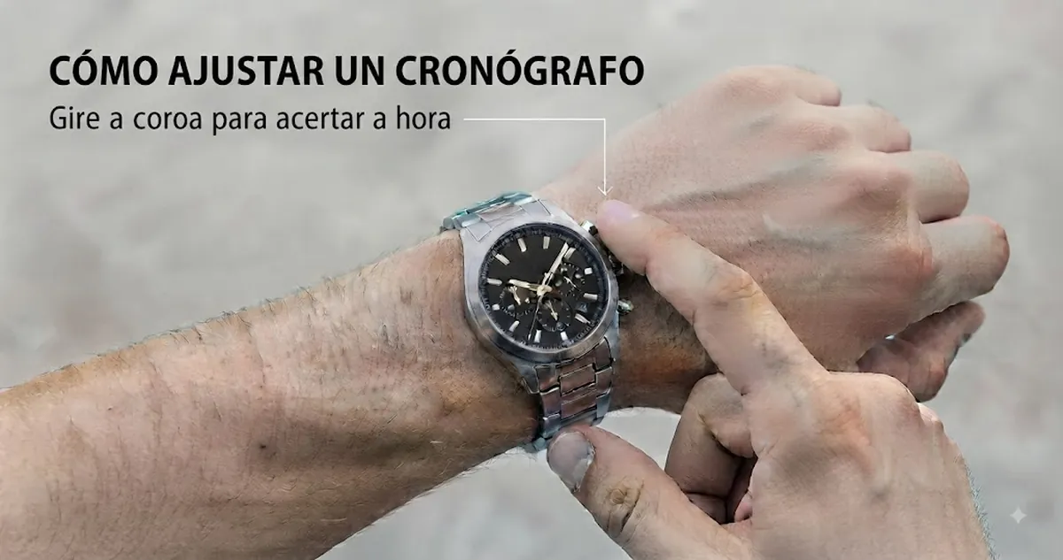 Mãos ajustando a coroa de um relógio cronógrafo de quartzo masculino para acertar a hora
