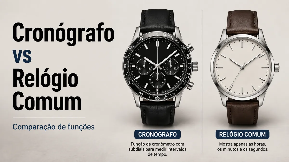 Relógio cronógrafo de quartzo masculino ao lado de um relógio comum de três ponteiros para comparar funções