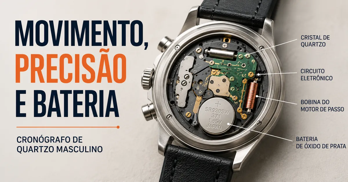 Relógio cronógrafo de quartzo masculino com tampa traseira aberta e sistema alimentado por bateria
