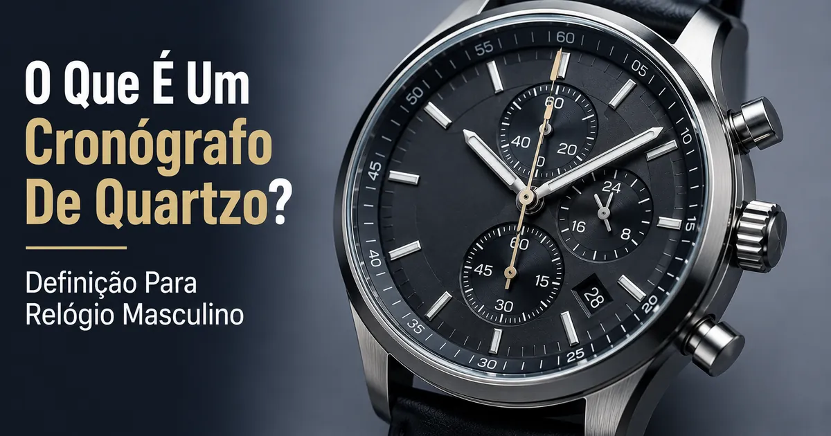 Detalhe do mostrador de um relógio cronógrafo de quartzo masculino com submostradores e botões visíveis