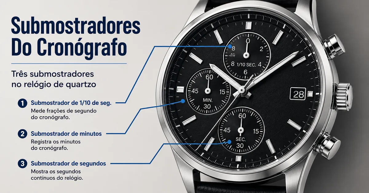 Mostrador detalhado de um relógio cronógrafo de quartzo masculino com três submostradores