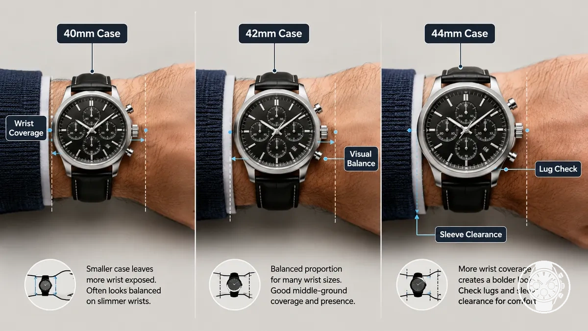 40mm, 42mm ve 44mm kuvars kronograf kasa boyutlarının ortalama ve daha büyük bileklerde karşılaştırması.