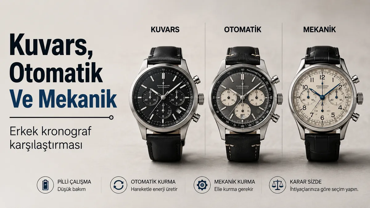 Otomatik ve mekanik kronograf stilleriyle karşılaştırılan erkek kuvars kronograf saat