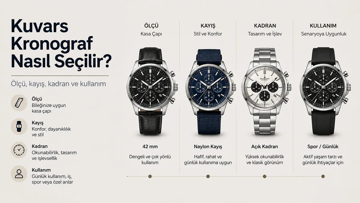 Ölçü, kayış, kadran ve kullanım açısından karşılaştırılan farklı erkek kuvars kronograf saatler