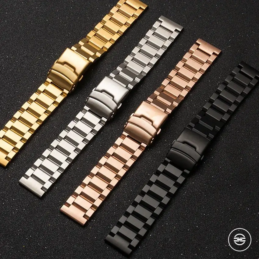 Metall-Gliederarmband aus Edelstahl für Uhren in Schwarz, Silber und Roségold