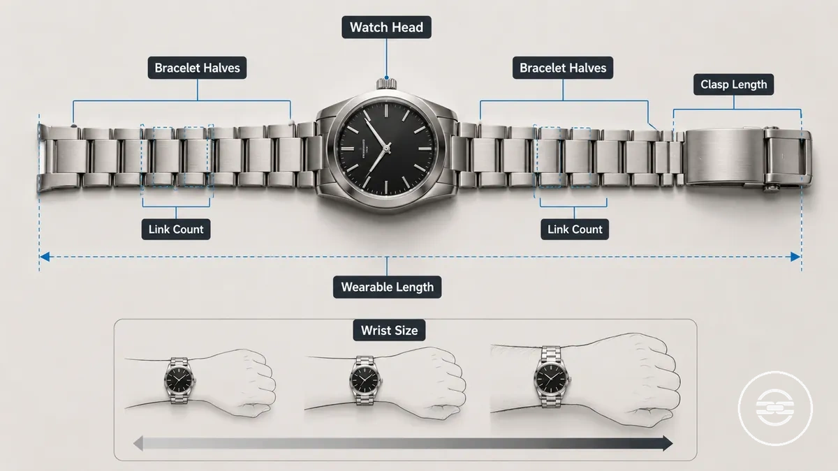 Diagramm, das die Komponenten von Bandlänge und Armbandlänge zeigt