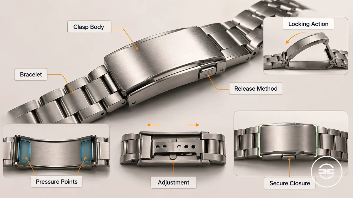 Beschrifteter Metallarmbandverschluss, der Verriegelungsmechanismus und Entriegelungsmethode zeigt