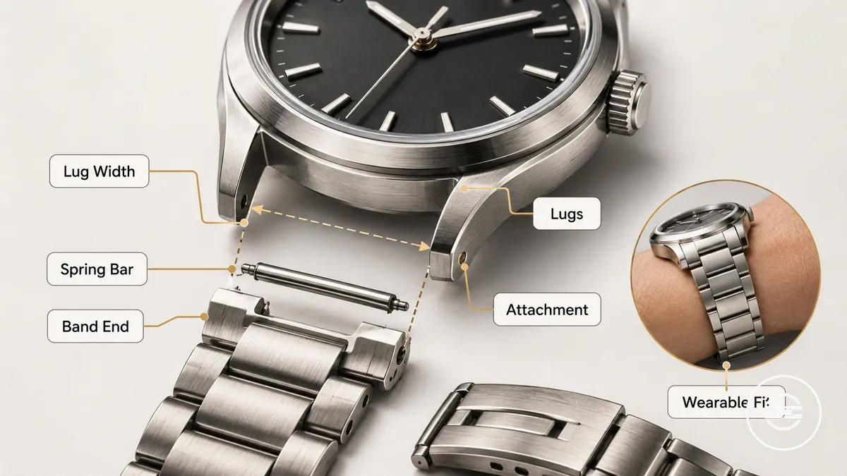 Annotiertes Uhrengehäuse und Metallarmband mit Darstellung der Stege, des Bandendes, der Federstegposition und des Stegabstands