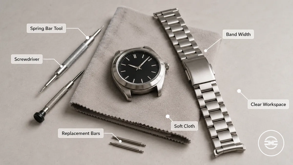 Federstegwerkzeug, Ersatzfederstege und Metallarmband, bereitgelegt auf einem weichen Tuch