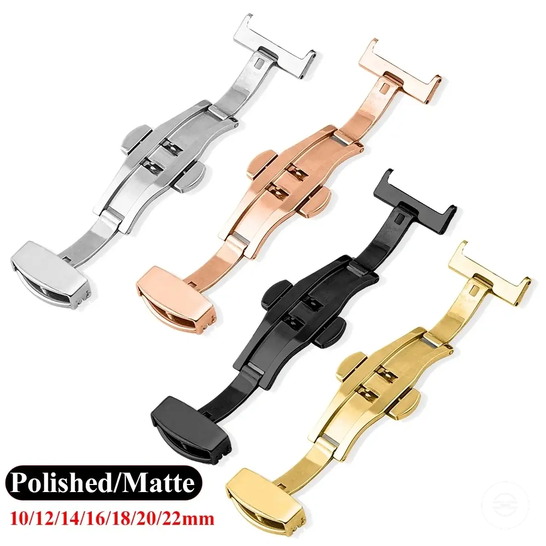 Stainless steel butterfly fold watch buckle in silver, black, and rose gold